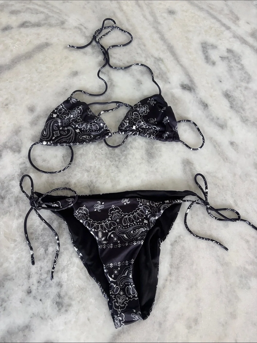 Black Bandana Print String Bikini Set